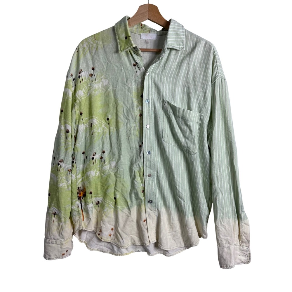 La Detresse Womens Split Palm Stripe Linen Blend Button Down Shirt beachy Small